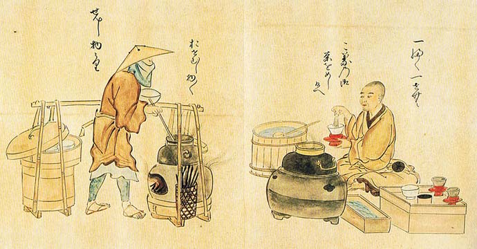 An open tea house serving matcha (ippuku issen 一服一銭, right) and a　peddler selling extracts (senjimono-uri ja:煎じ物売, left)